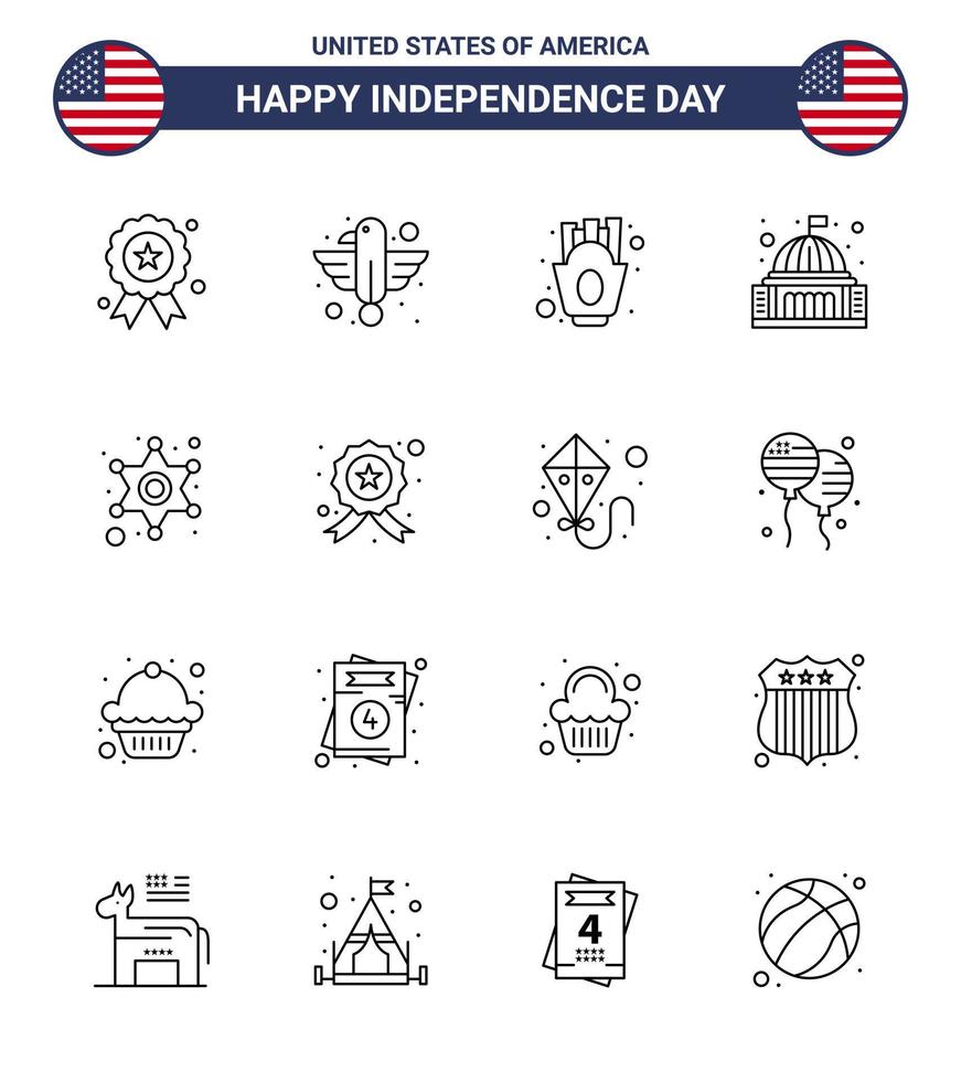 Stock Vector Icon Pack of American Day 16 Line Signs and Symbols for white house state building food Editable USA Day Vector Design Elements