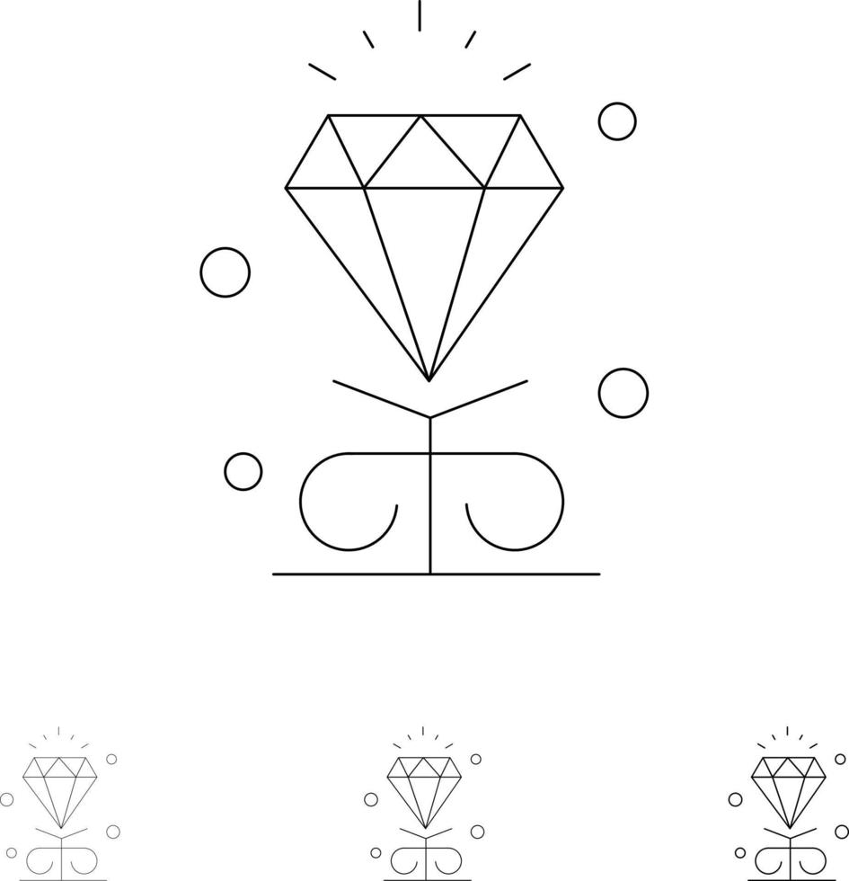Diamond Love Heart Wedding Bold and thin black line icon set vector