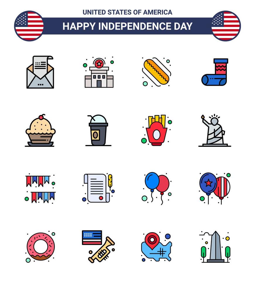 paquete de 16 líneas creativas llenas de postres relacionadas con el día de la independencia de EE. UU. vector