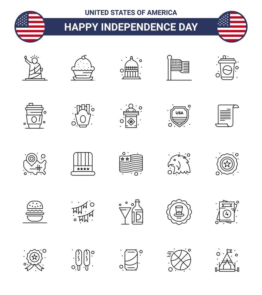 Pack of 25 USA Independence Day Celebration Lines Signs and 4th July Symbols such as usa flag sweet american statehouse Editable USA Day Vector Design Elements