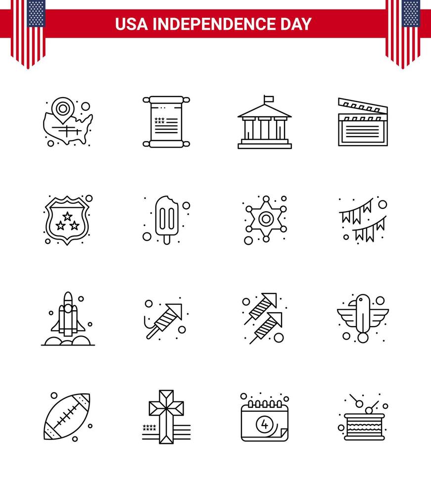 paquete de iconos de vector de stock de día americano 16 signos y símbolos de línea para video americano usa movis usa elementos de diseño de vector de día de estados unidos editables