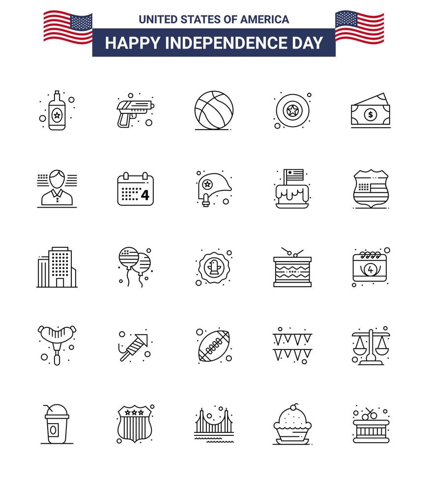 25 Line Signs for USA Independence Day usa money ball dollar military Editable USA Day Vector Design Elements