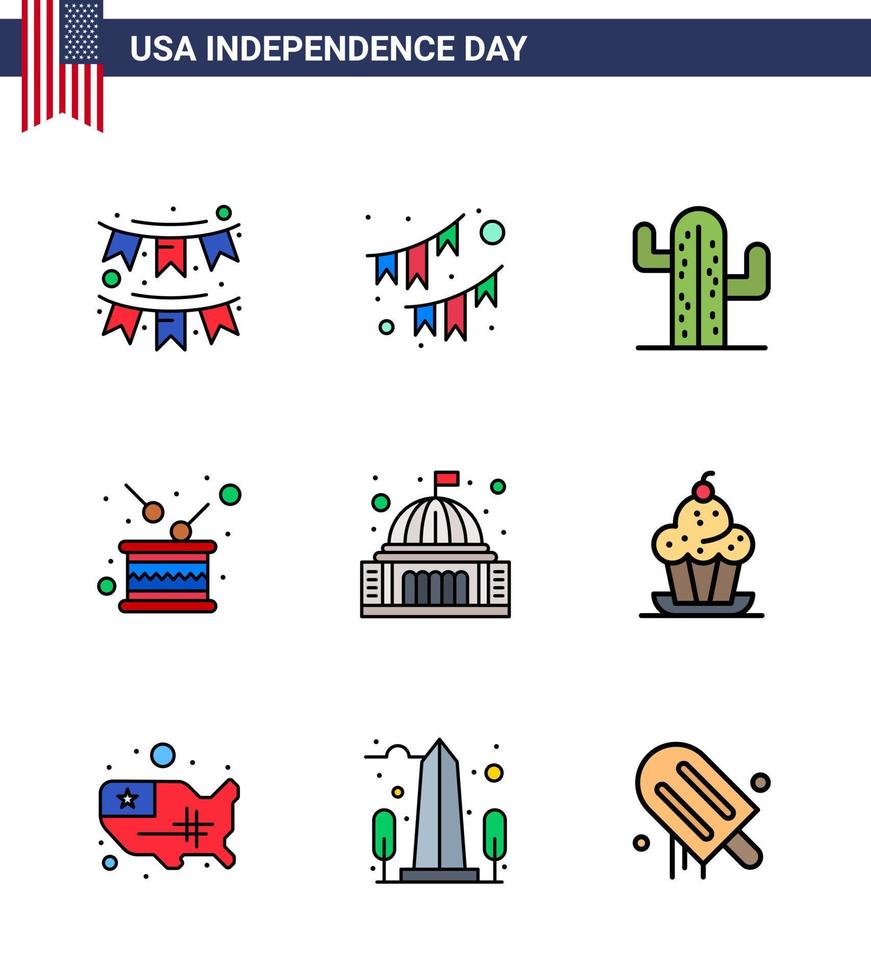 conjunto de 9 líneas planas vectoriales llenas el 4 de julio, día de la independencia de estados unidos, como el edificio emblemático, el lugar americano, la independencia, los elementos de diseño vectorial editables del día de estados unidos vector