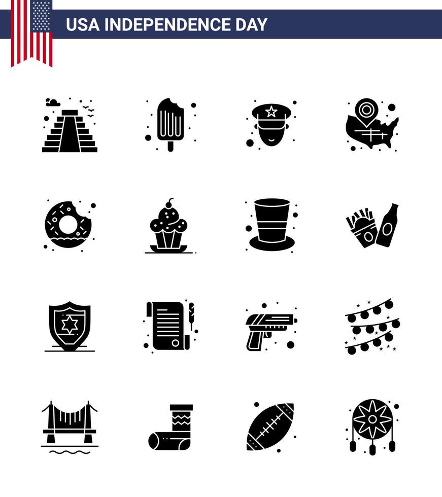 16 USA Solid Glyph Signs Independence Day Celebration Symbols of round location pin man wisconsin states Editable USA Day Vector Design Elements