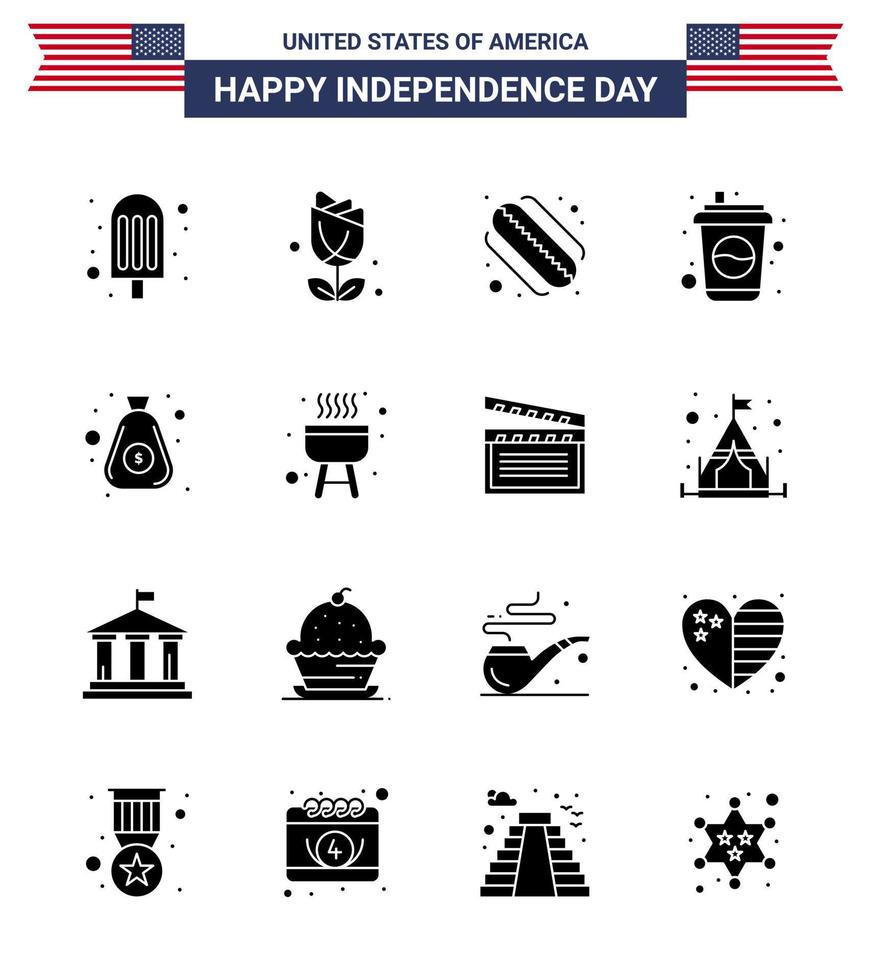 Modern Set of 16 Solid Glyphs and symbols on USA Independence Day such as cash money hotdog dollar drink Editable USA Day Vector Design Elements