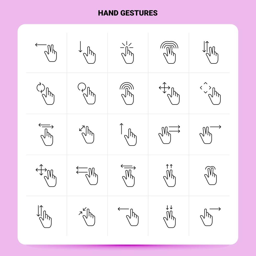 OutLine 25 Hand Gestures Icon set Vector Line Style Design Black Icons Set Linear pictogram pack Web and Mobile Business ideas design Vector Illustration