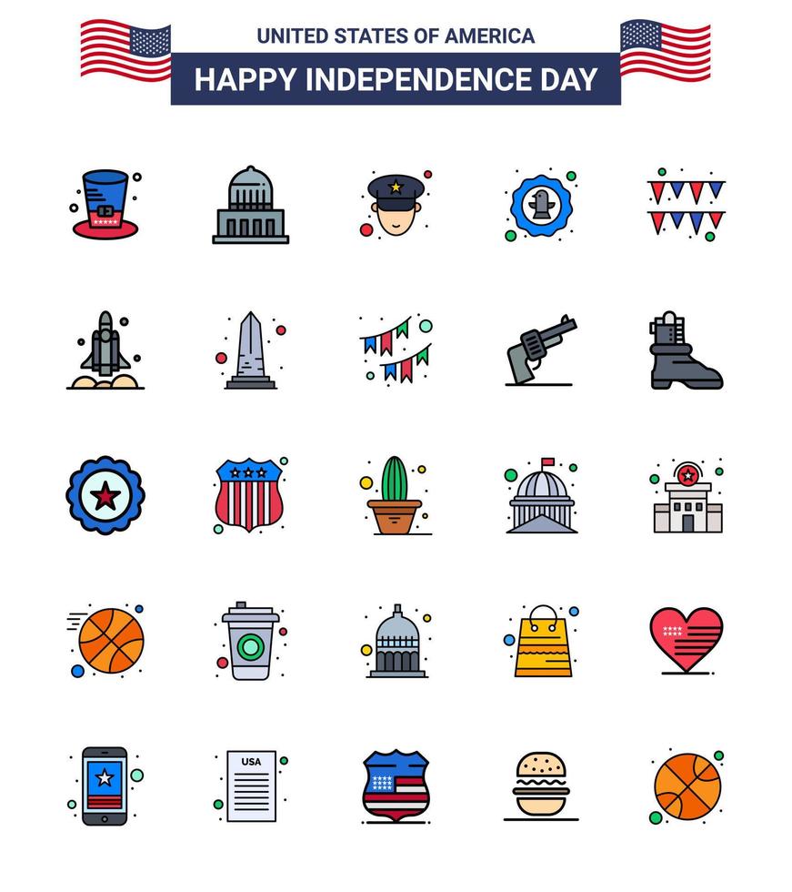 4 de julio estados unidos feliz día de la independencia icono símbolos grupo de 25 líneas planas modernas llenas de garland insignia hombre águila pájaro editable día de estados unidos elementos de diseño vectorial vector