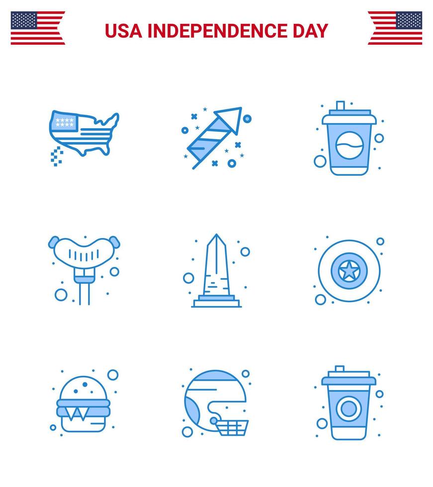 Pack of 9 USA Independence Day Celebration Blues Signs and 4th July Symbols such as sight landmark bottle sausage food Editable USA Day Vector Design Elements