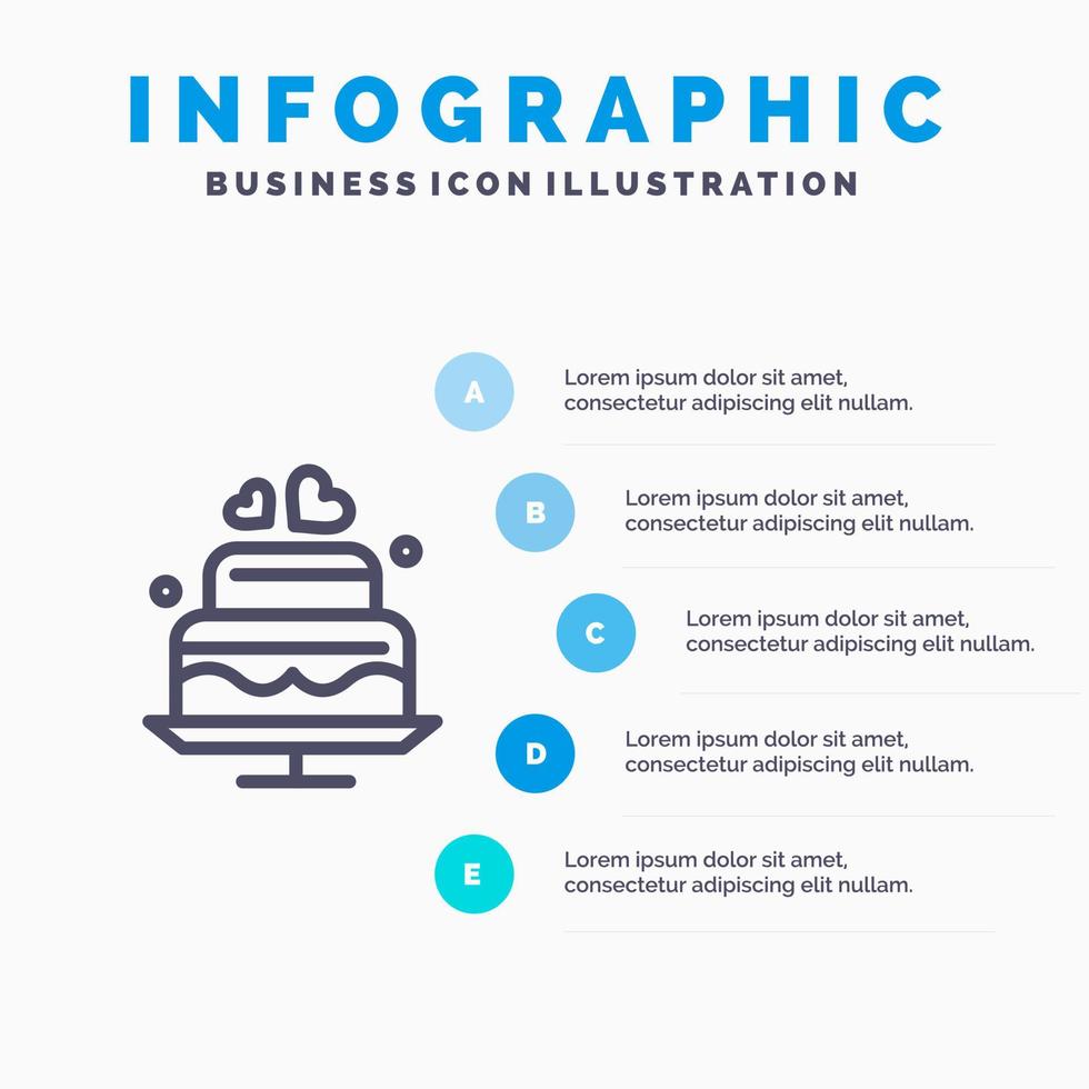 Cake Love Heart Wedding Line icon with 5 steps presentation infographics Background vector