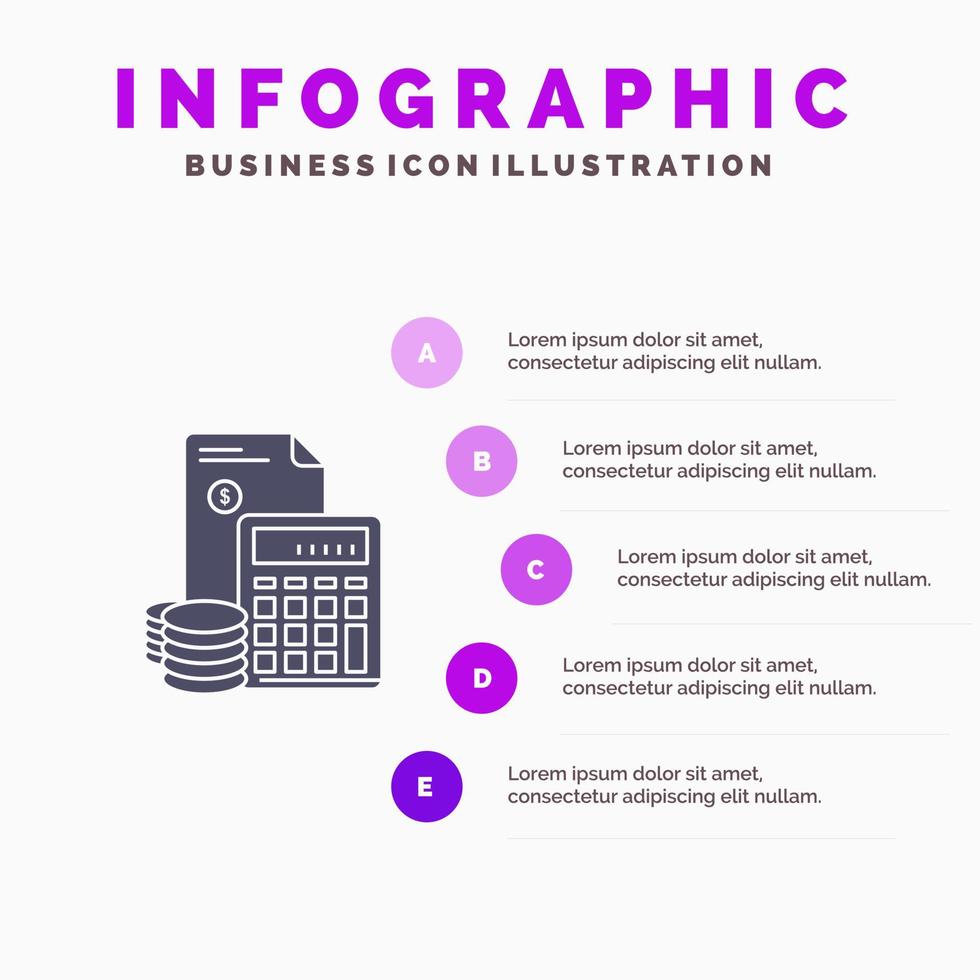 inversión acumulación negocio deuda ahorro calculadora monedas sólido icono infografía 5 pasos presentación antecedentes vector