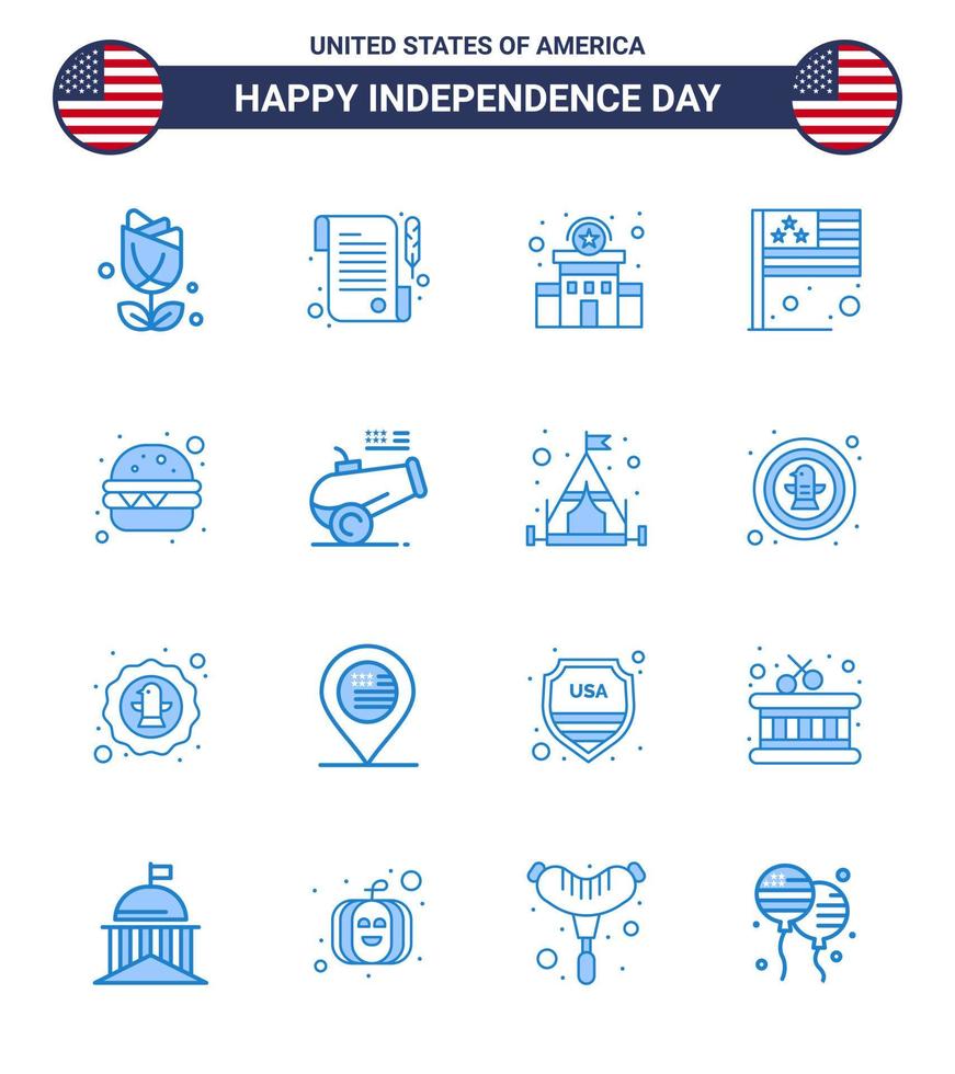 4th July USA Happy Independence Day Icon Symbols Group of 16 Modern Blues of meal burger police usa country Editable USA Day Vector Design Elements