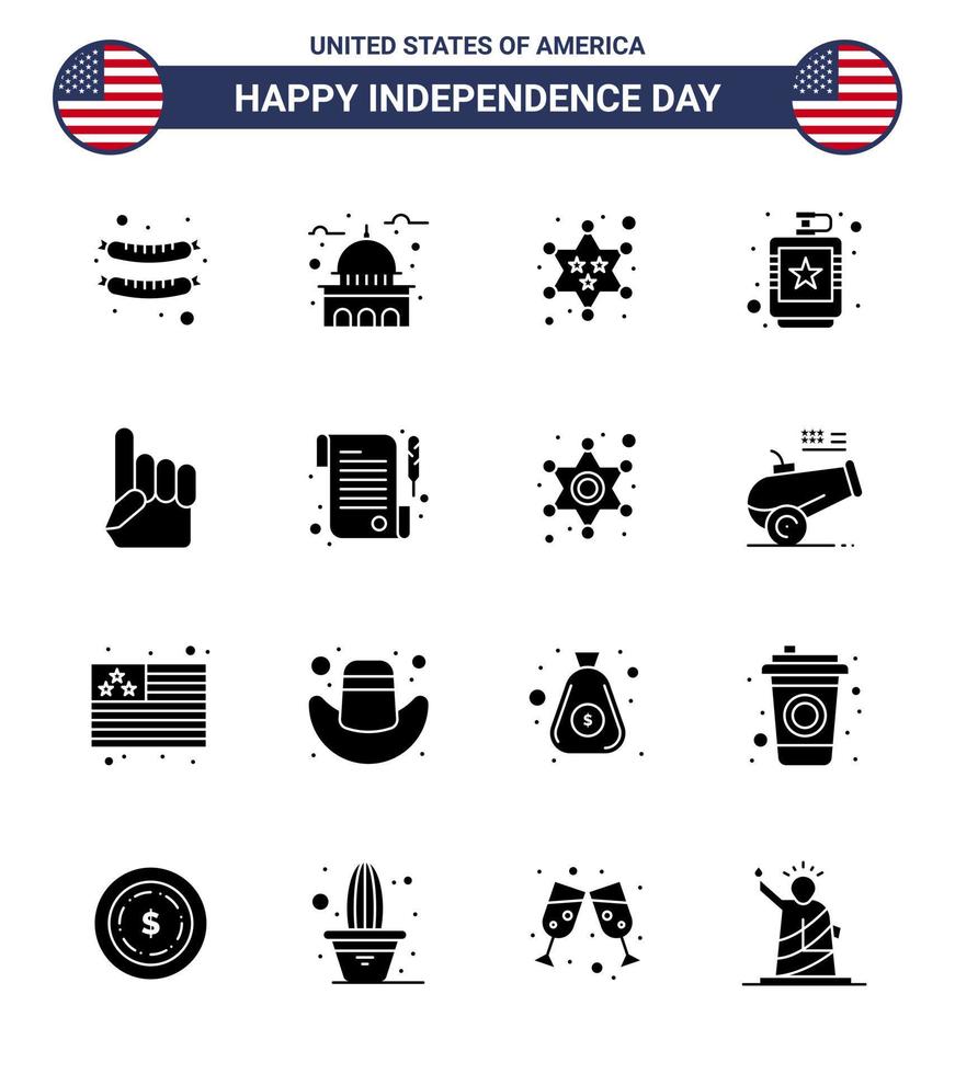 Pack of 16 creative USA Independence Day related Solid Glyphs of foam hand hip badge flask alcoholic Editable USA Day Vector Design Elements