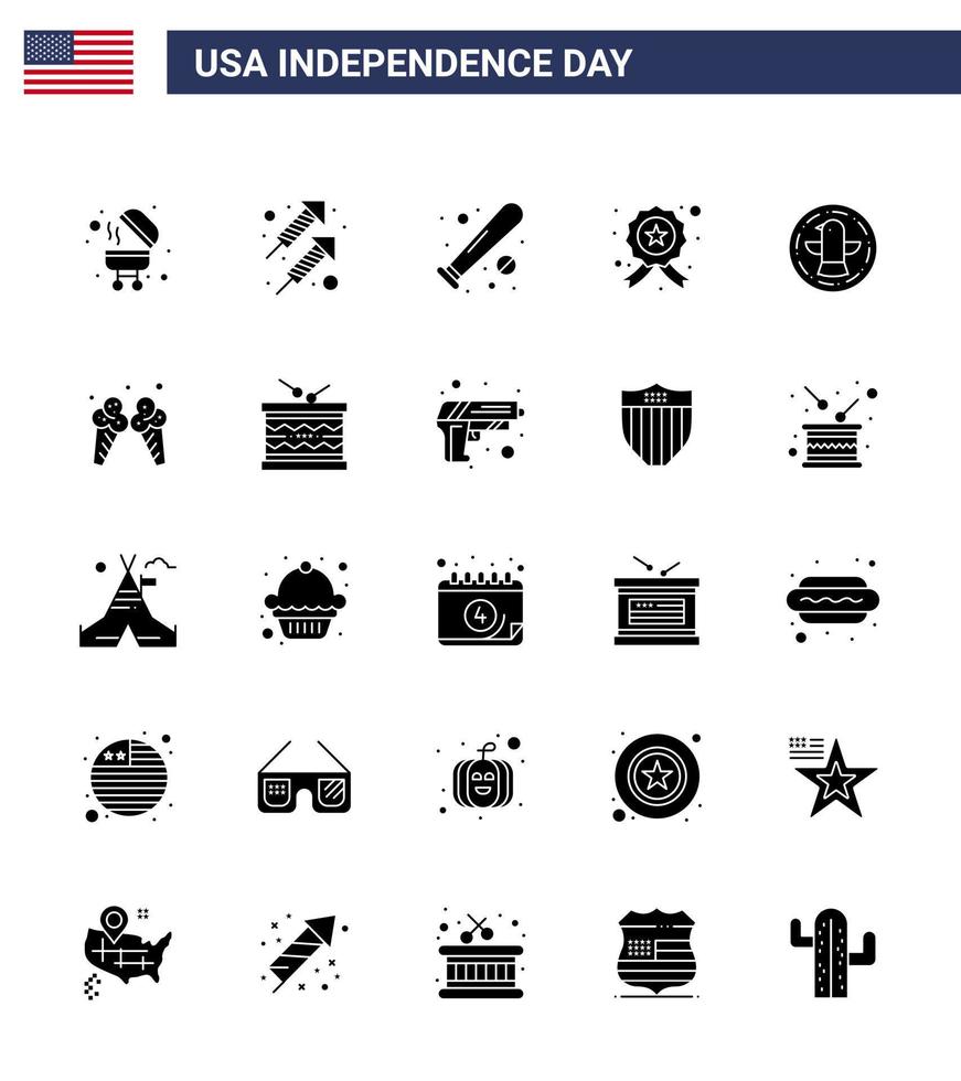 25 USA Solid Glyph Pack of Independence Day Signs and Symbols of bird police baseball star badge Editable USA Day Vector Design Elements