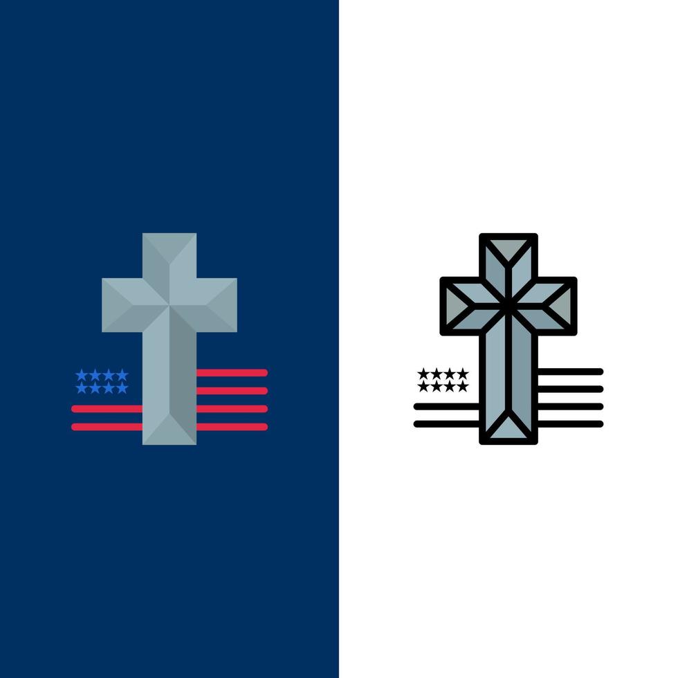 iconos de la iglesia de la cruz americana conjunto de iconos planos y rellenos de línea fondo azul vectorial vector