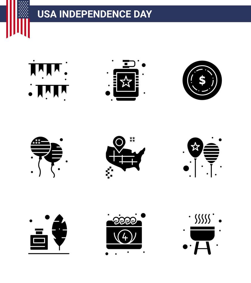 Set of 9 Modern Solid Glyphs pack on USA Independence Day location fly hip bloons maony Editable USA Day Vector Design Elements