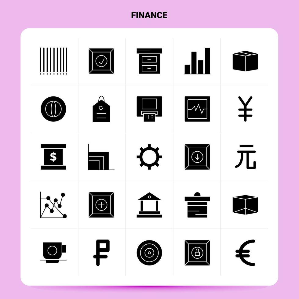 conjunto de iconos de finanzas sólidos 25 diseño de estilo de glifo vectorial conjunto de iconos negros diseño de ideas de negocios web y móvil ilustración vectorial vector