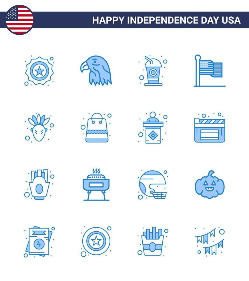 USA Independence Day Blue Set of 16 USA Pictograms of native american usa bottle thanksgiving american Editable USA Day Vector Design Elements
