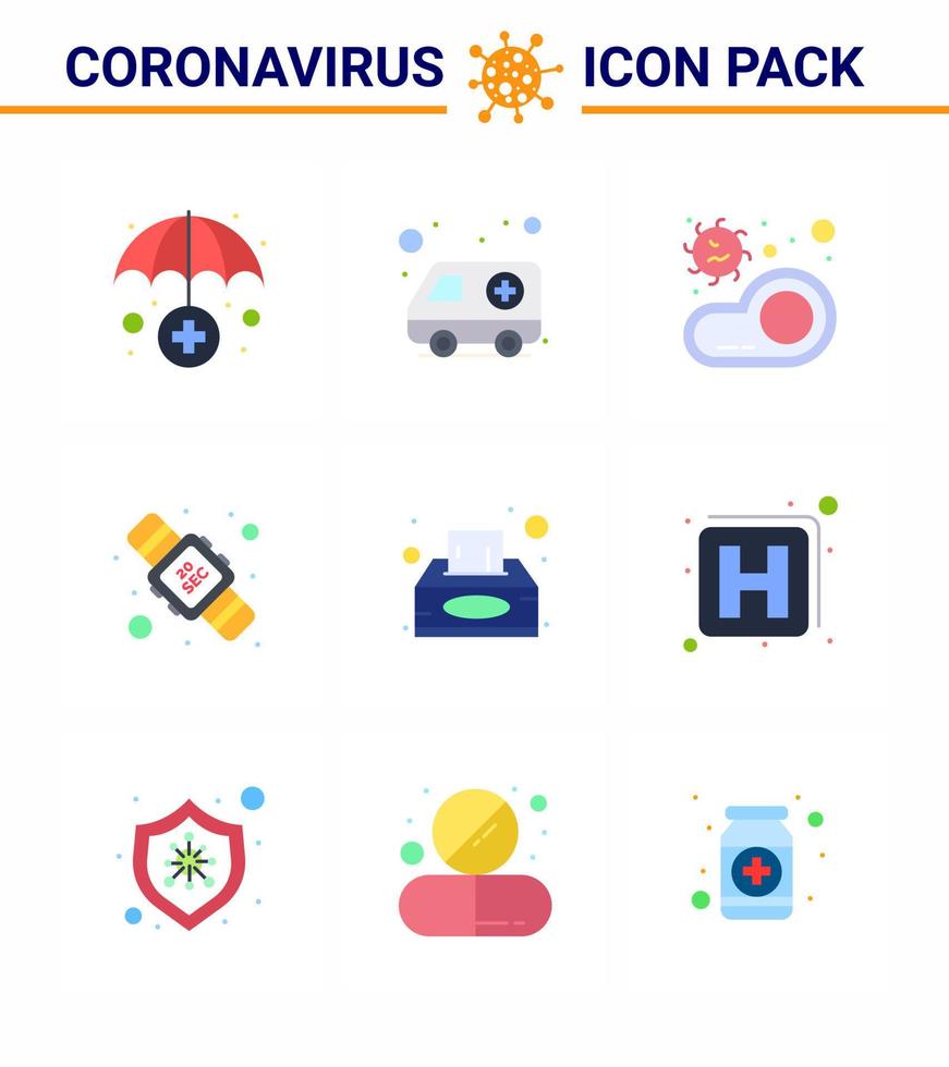 Covid19 icon set for infographic 9 Flat Color pack such as napkin washing food twenty hands hygiene viral coronavirus 2019nov disease Vector Design Elements