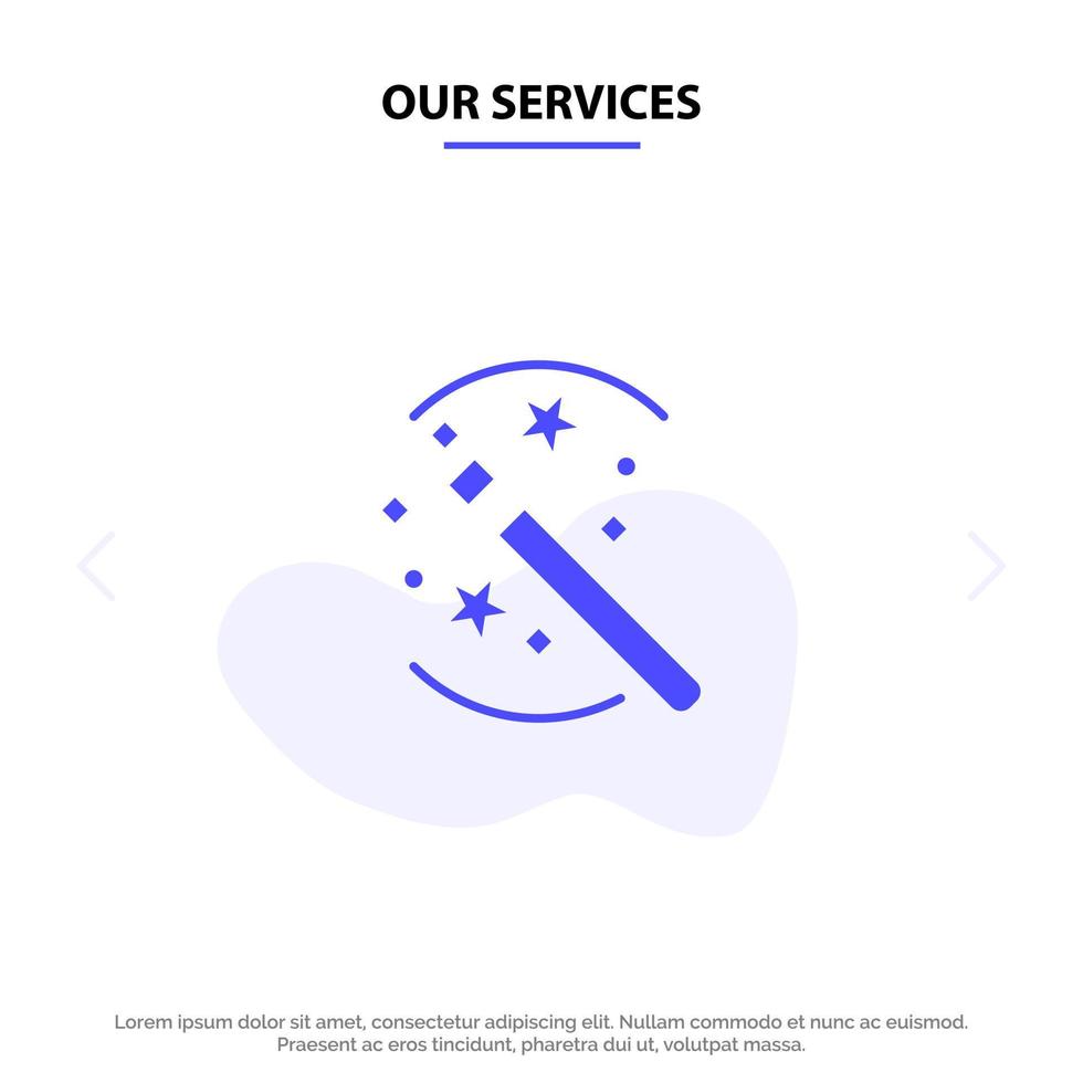 Our Services Tricks Solution Magic Stick Solid Glyph Icon Web card Template vector