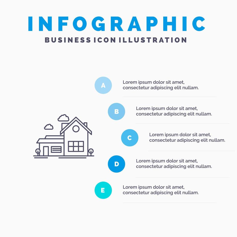 icono de línea de casa de campo de villa de espacio de casa con fondo de infografía de presentación de 5 pasos vector