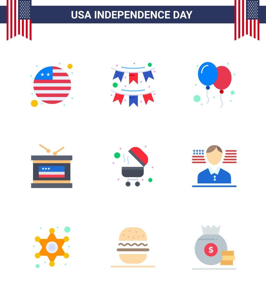 usa feliz día de la independencia pictograma conjunto de 9 pisos simples de barbacoa globos del día de la independencia tambor independiente elementos de diseño vectorial editables del día de los ee.uu. vector