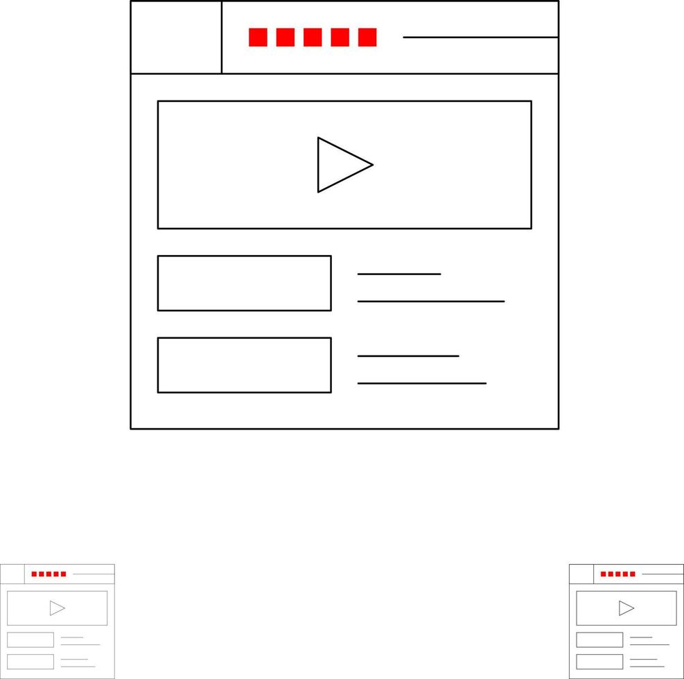 video reproductor de video sitio web negrita y delgada línea negra conjunto de iconos vector