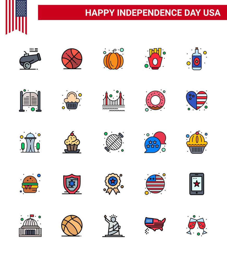 USA Independence Day Flat Filled Line Set of 25 USA Pictograms of wine alcohol american food french fries Editable USA Day Vector Design Elements