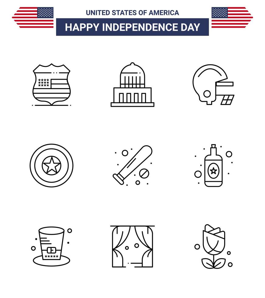 USA Independence Day Line Set of 9 USA Pictograms of bat ball american medal independece Editable USA Day Vector Design Elements