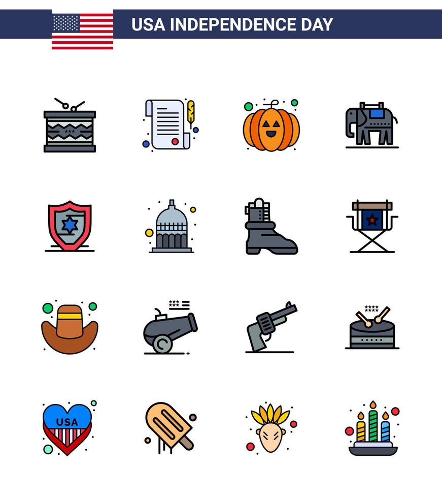 16 USA Flat Filled Line Signs Independence Day Celebration Symbols of indiana protection food american american Editable USA Day Vector Design Elements