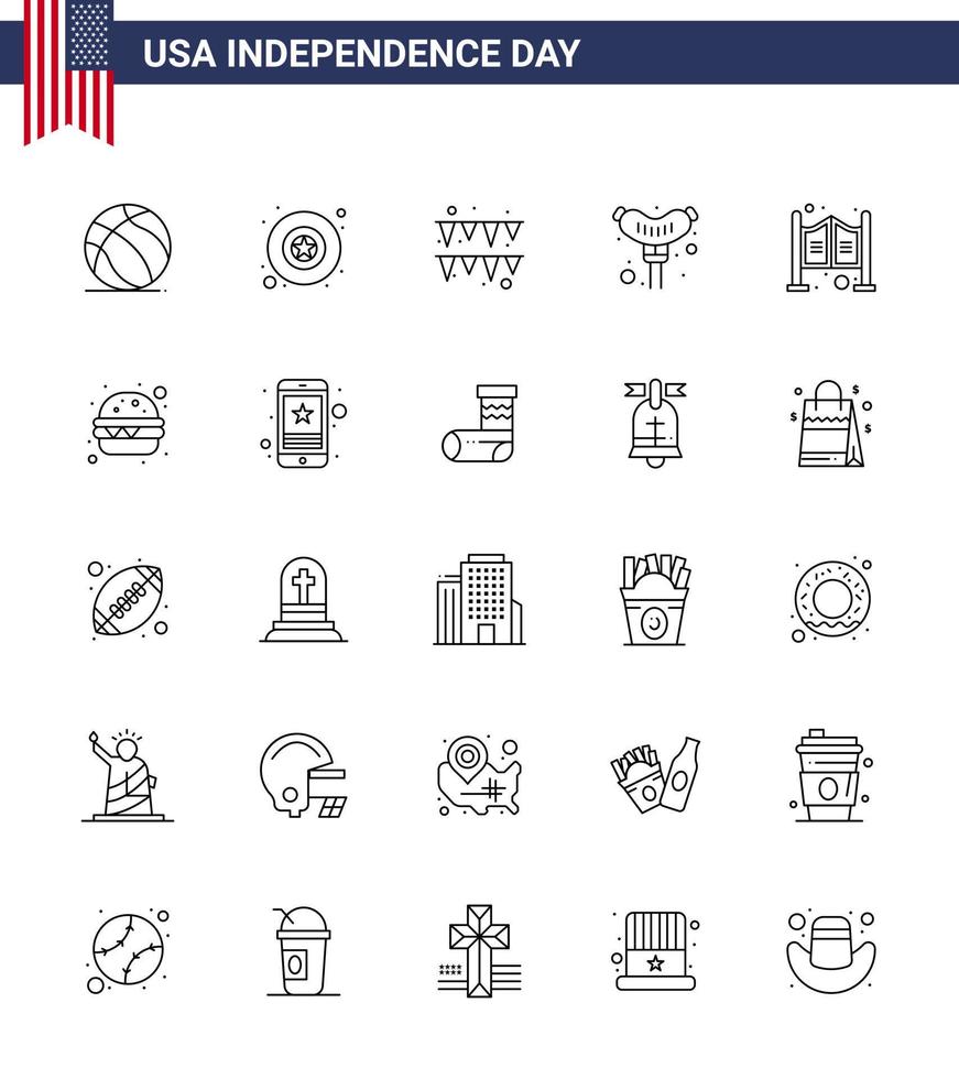 feliz paquete del día de la independencia de 25 líneas de signos y símbolos para burger saloon garland salchicha doméstica elementos de diseño vectorial editables del día de estados unidos vector