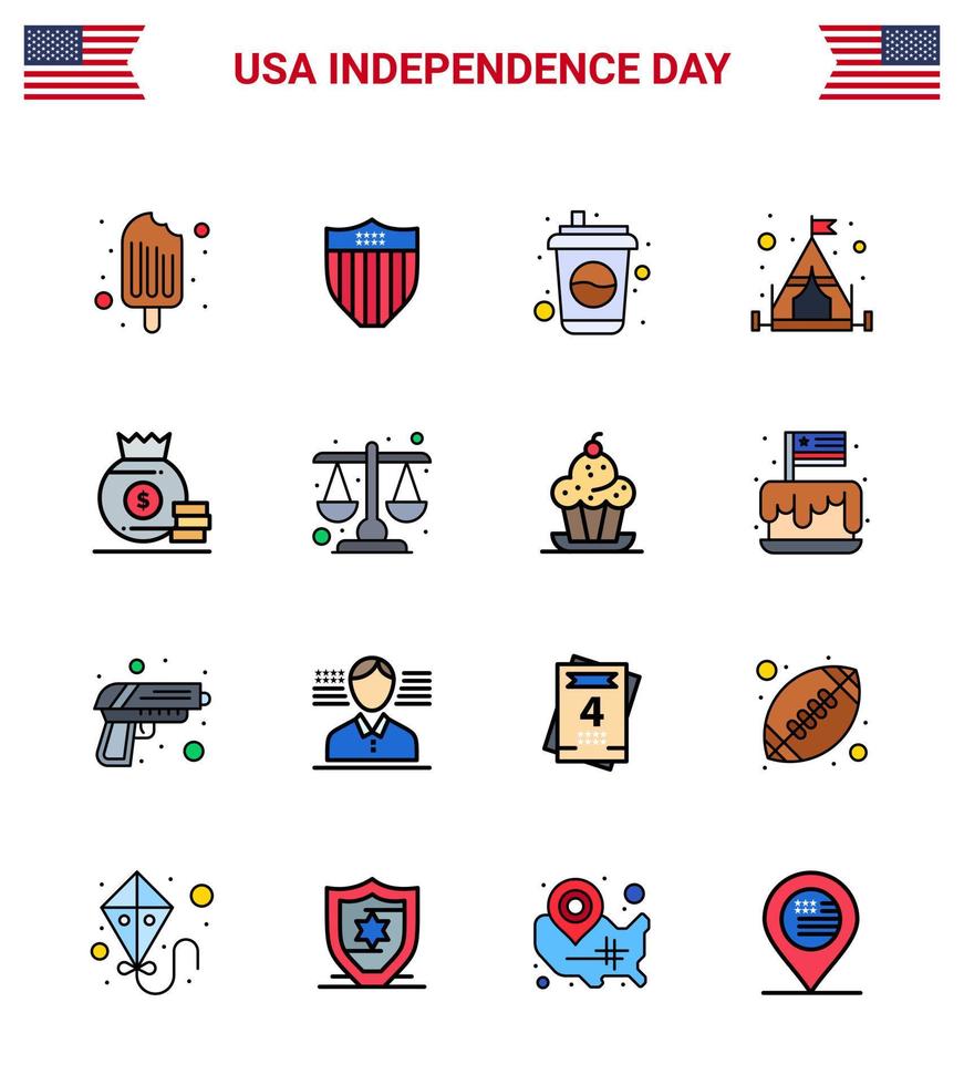 Flat Filled Line Pack of 16 USA Independence Day Symbols of money dollar bottle tent camp Editable USA Day Vector Design Elements