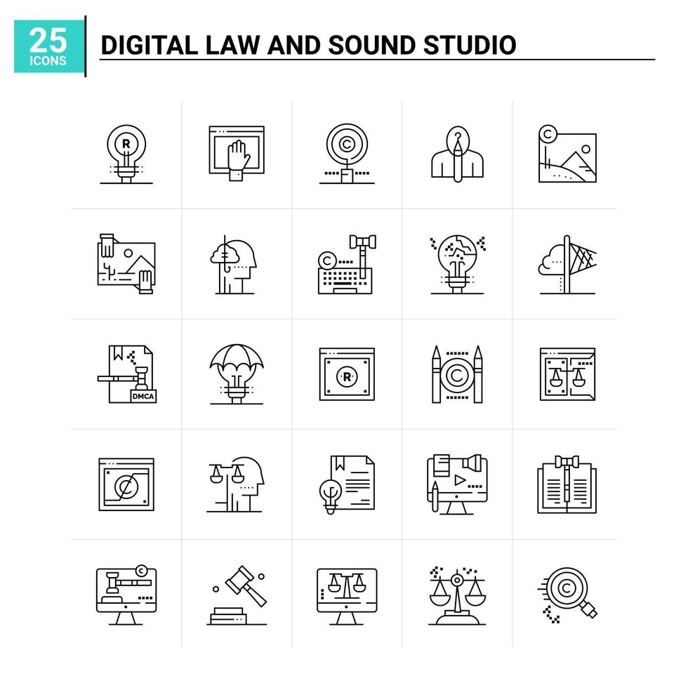 25 derecho digital y estudio de sonido conjunto de iconos de fondo vectorial vector