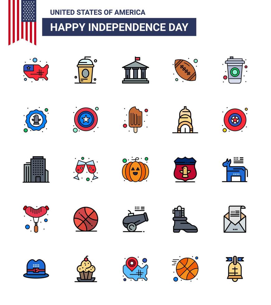 Big Pack of 25 USA Happy Independence Day USA Vector Flat Filled Lines and Editable Symbols of bottle sports independece rugby usa Editable USA Day Vector Design Elements