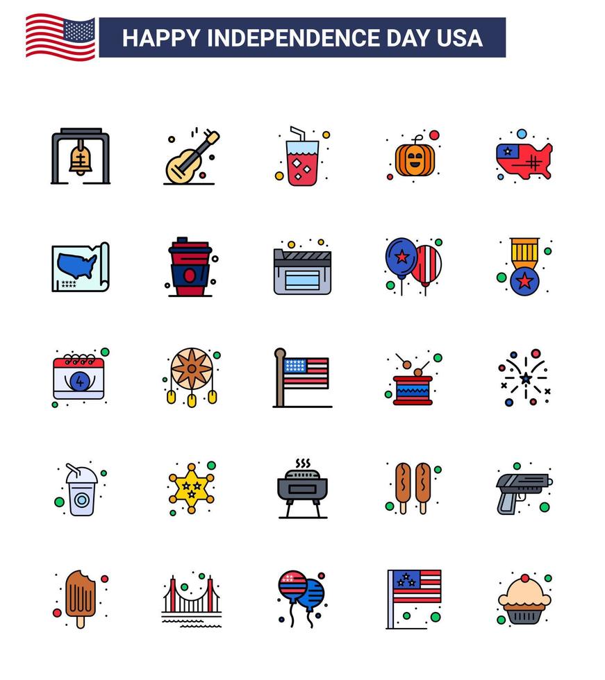 conjunto de 25 iconos del día de los ee.uu. símbolos americanos signos del día de la independencia para el mapa unido alcohol festival de los ee.uu. elementos de diseño vectorial editables del día de los ee.uu. vector