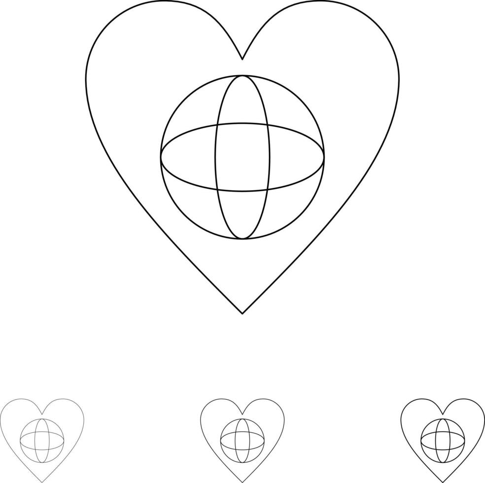 Ecology Environment World Heart Like Bold and thin black line icon set vector