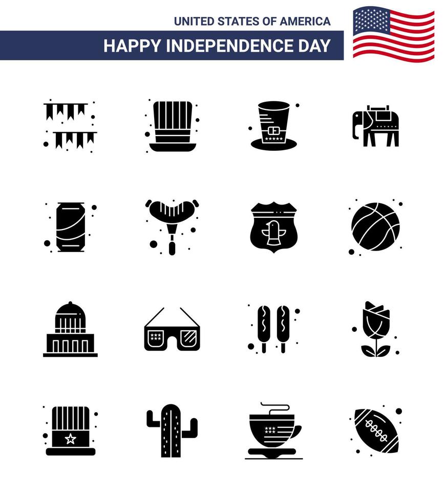 Group of 16 Solid Glyphs Set for Independence day of United States of America such as frankfurter cola usa soda beer Editable USA Day Vector Design Elements