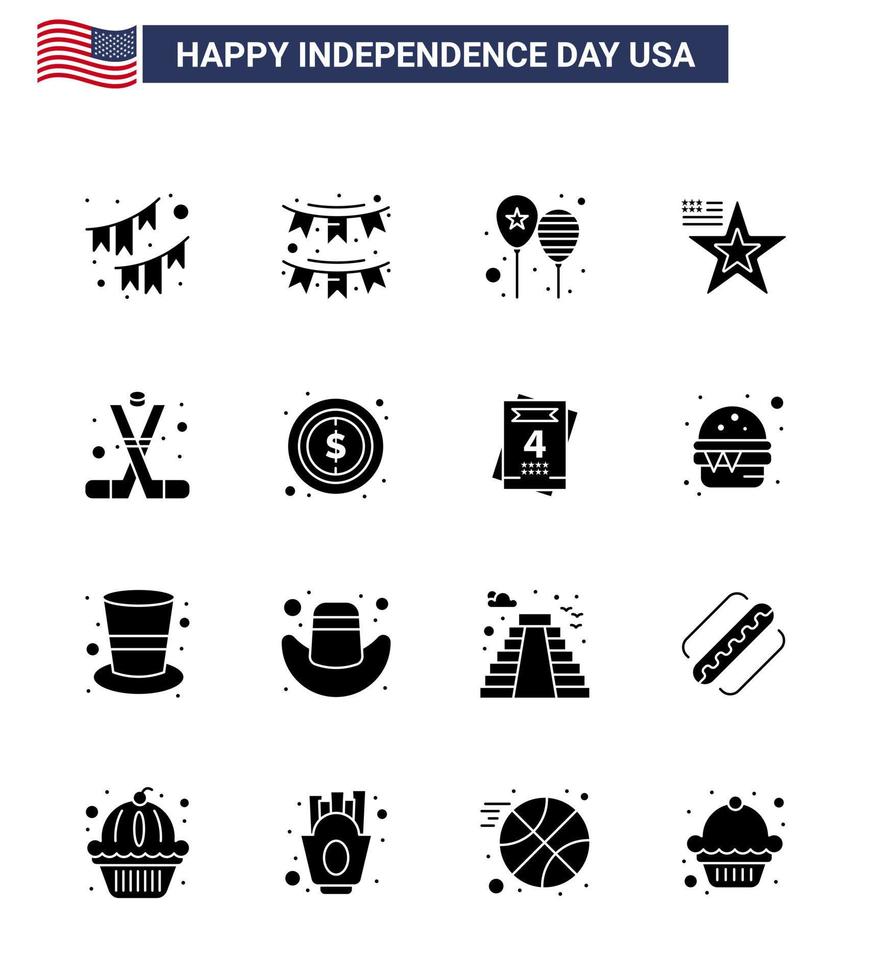 Happy Independence Day 4th July Set of 16 Solid Glyphs American Pictograph of american ice hockey party hockey flag Editable USA Day Vector Design Elements