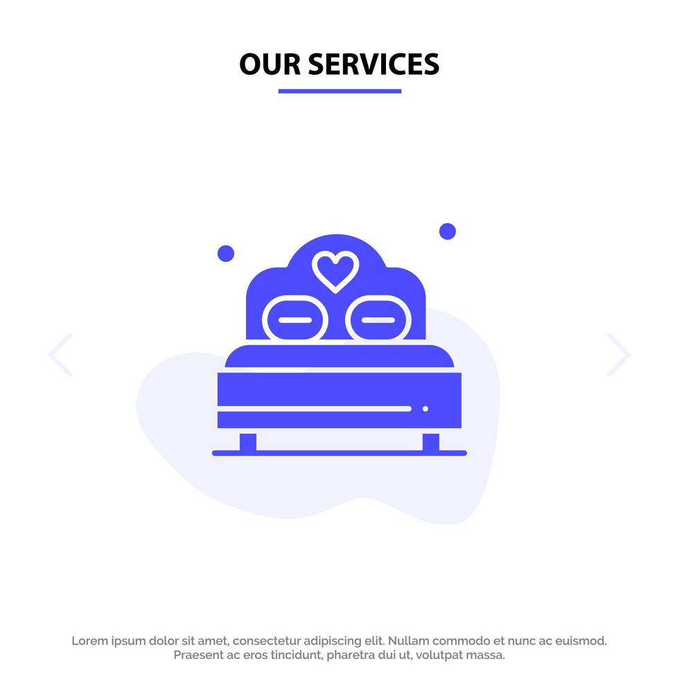 nuestros servicios cama amor corazón boda icono de glifo sólido plantilla de tarjeta web vector