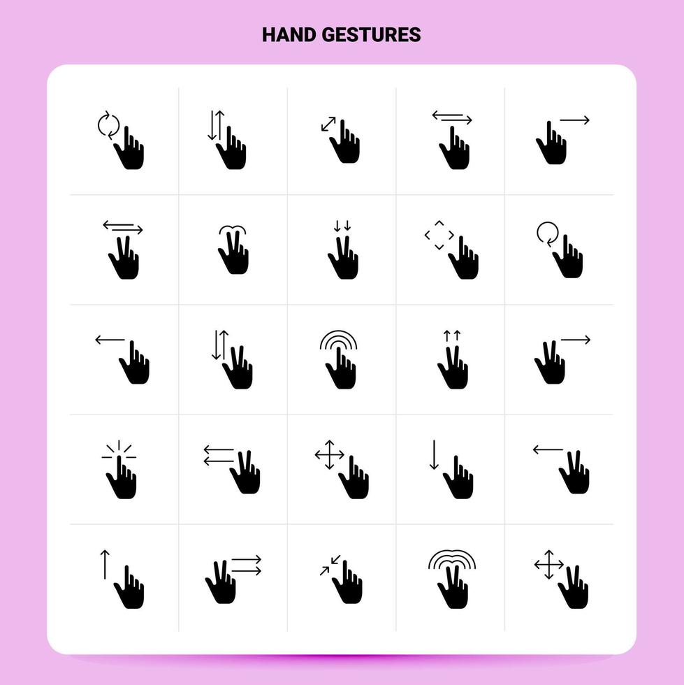 Solid 25 Hand Gestures Icon set Vector Glyph Style Design Black Icons Set Web and Mobile Business ideas design Vector Illustration