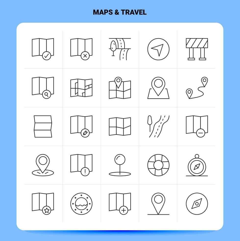 OutLine 25 Maps Travel Icon set Vector Line Style Design Black Icons Set Linear pictogram pack Web and Mobile Business ideas design Vector Illustration