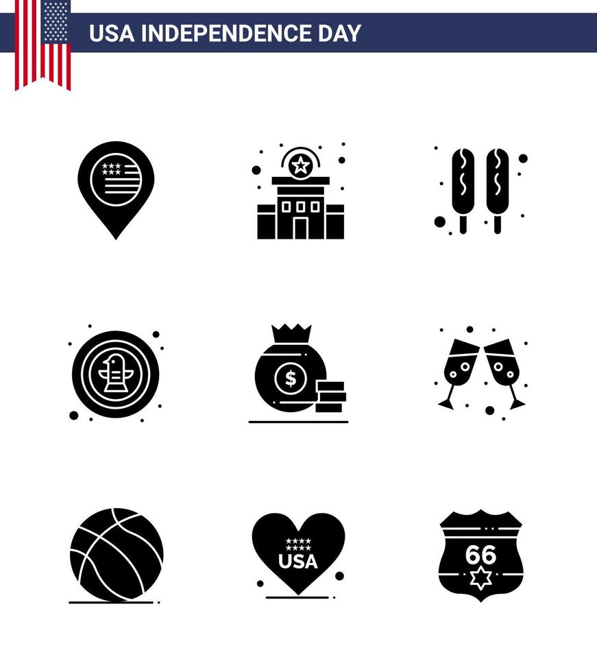 4th July USA Happy Independence Day Icon Symbols Group of 9 Modern Solid Glyphs of bag badge corn dog eagle bird Editable USA Day Vector Design Elements