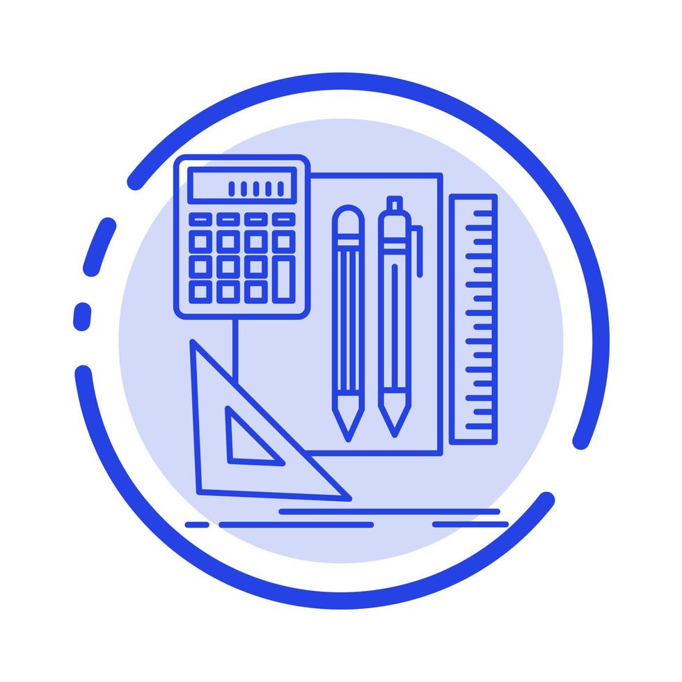 estacionario libro calculadora bolígrafo azul línea punteada icono de línea vector