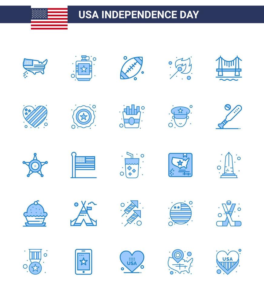Blue Pack of 25 USA Independence Day Symbols of bridge match liquid fire usa Editable USA Day Vector Design Elements