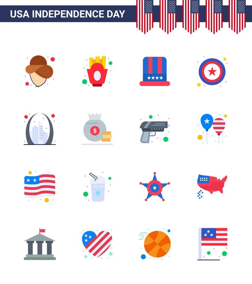 USA Happy Independence DayPictogram Set of 16 Simple Flats of landmark building cap arch star Editable USA Day Vector Design Elements