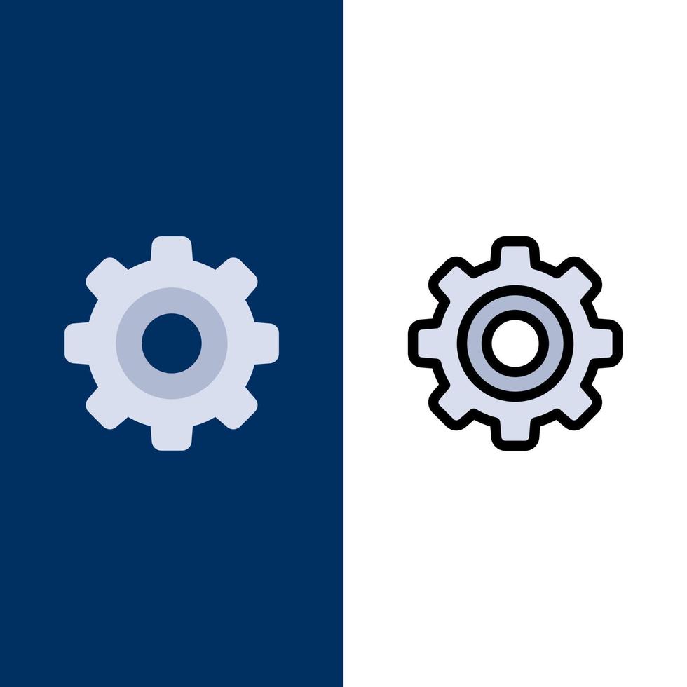 iconos generales básicos de ruedas dentadas planas y llenas de línea conjunto de iconos vector fondo azul