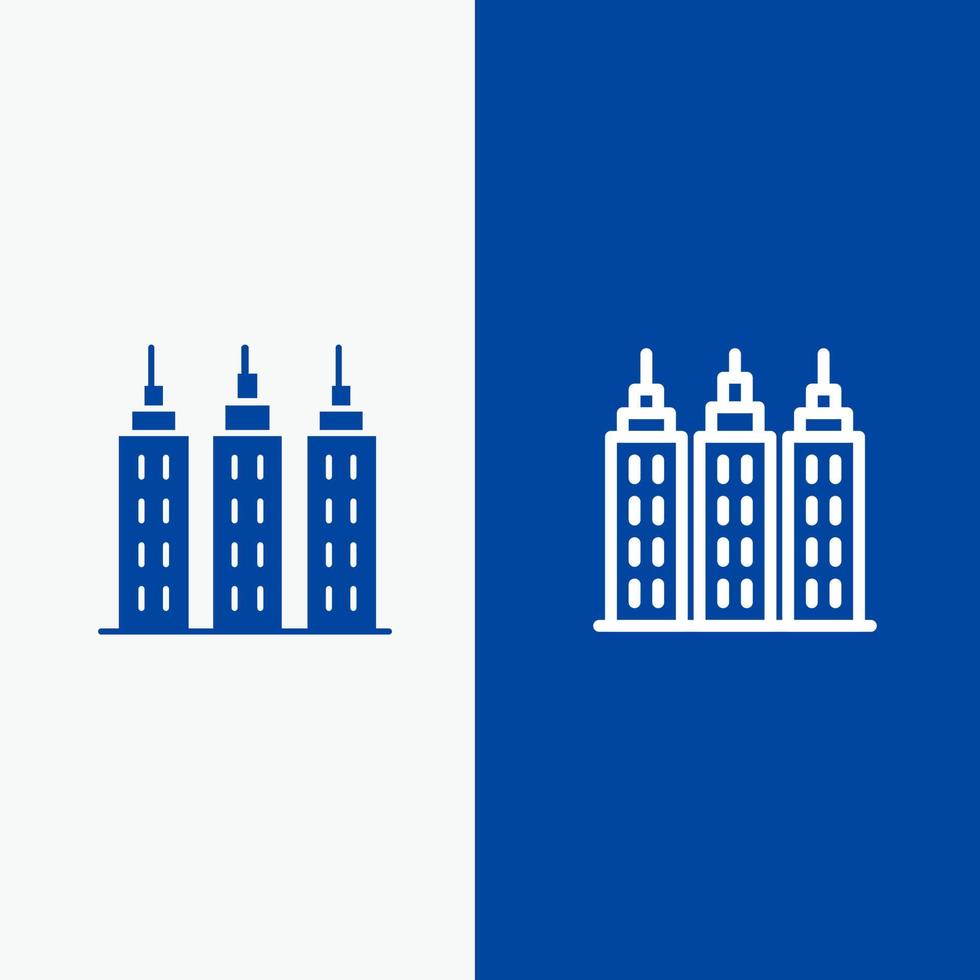 construcción de edificios línea de torre y glifo icono sólido bandera azul línea y glifo icono sólido bandera azul vector