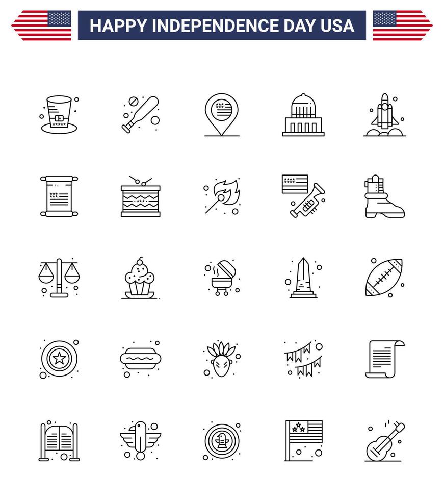 Line Pack of 25 USA Independence Day Symbols of spaceship launcher location usa city Editable USA Day Vector Design Elements