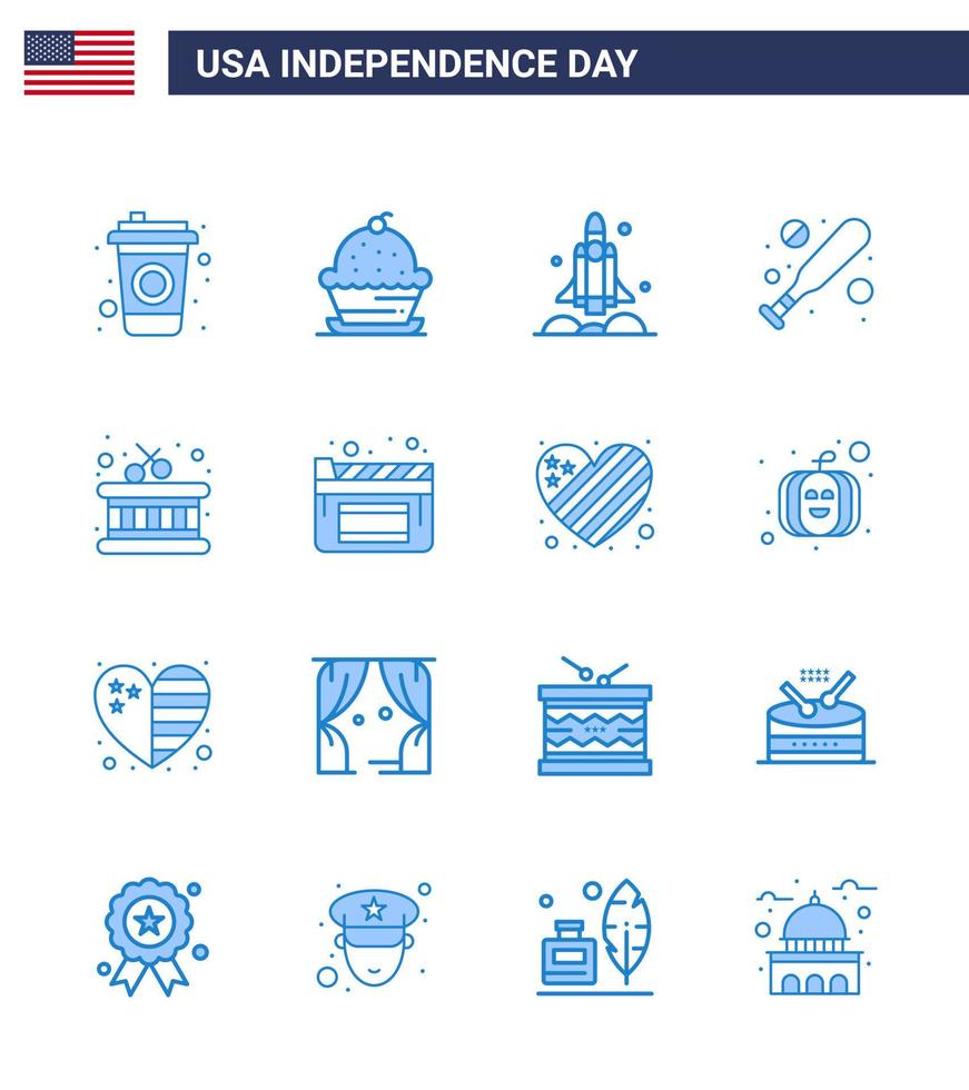 USA Happy Independence DayPictogram Set of 16 Simple Blues of instrument hardball launcher bat usa Editable USA Day Vector Design Elements