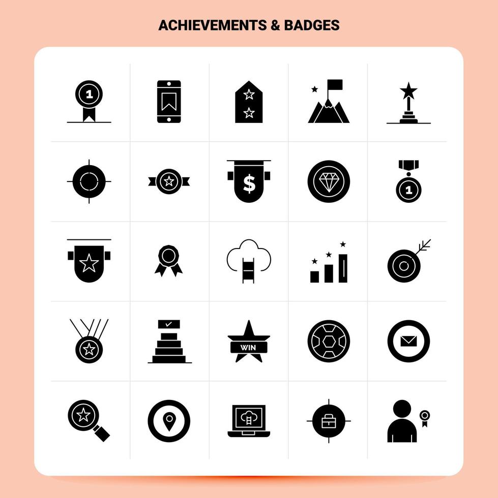 Solid 25 Achievements Badges Icon set Vector Glyph Style Design Black Icons Set Web and Mobile Business ideas design Vector Illustration