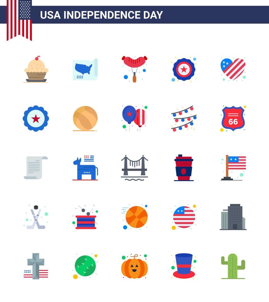 USA Independence Day Flat Set of 25 USA Pictograms of heart american usa usa police Editable USA Day Vector Design Elements